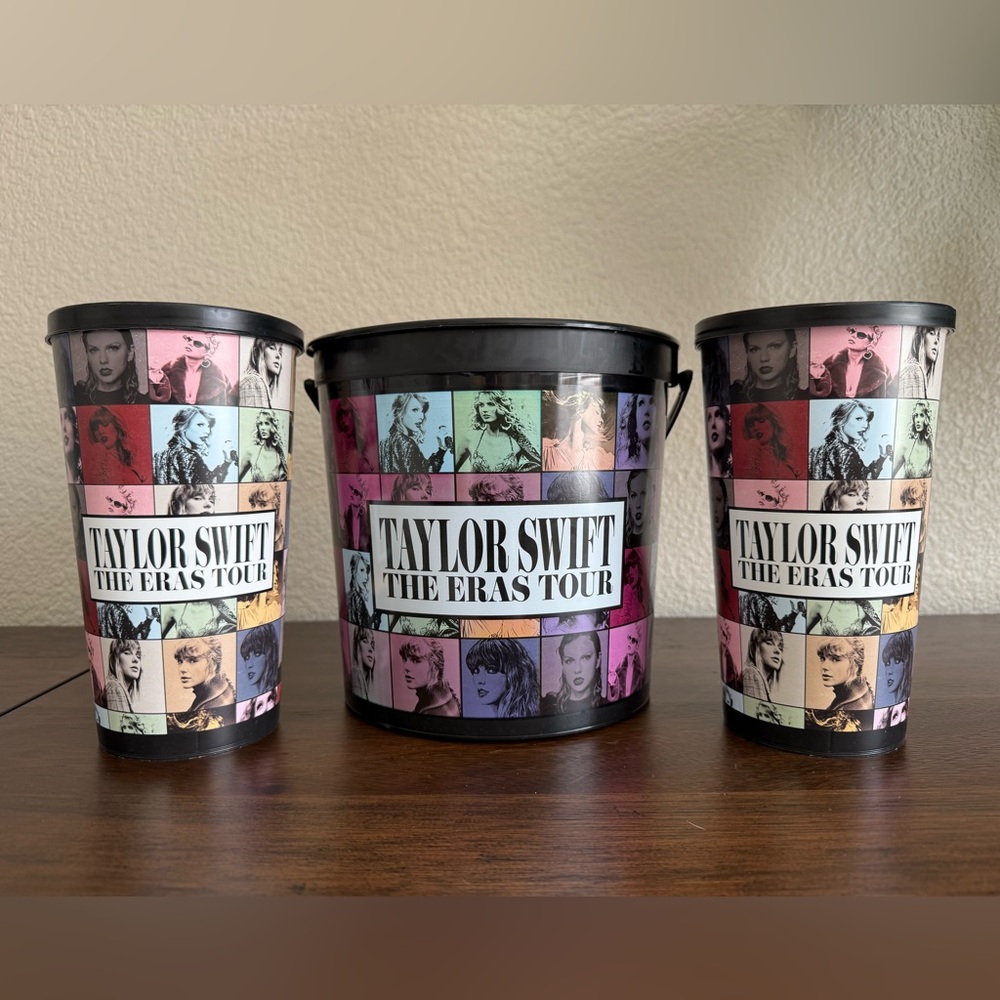 Taylor Swift Eras Tour Movie Popcorn Bucket and 2 Cups with Lids